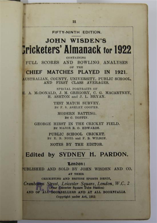 A Wisden Cricketers Almanack for 1922, hardback, rebound. A Wisden Cricketers Almanack for 1945,